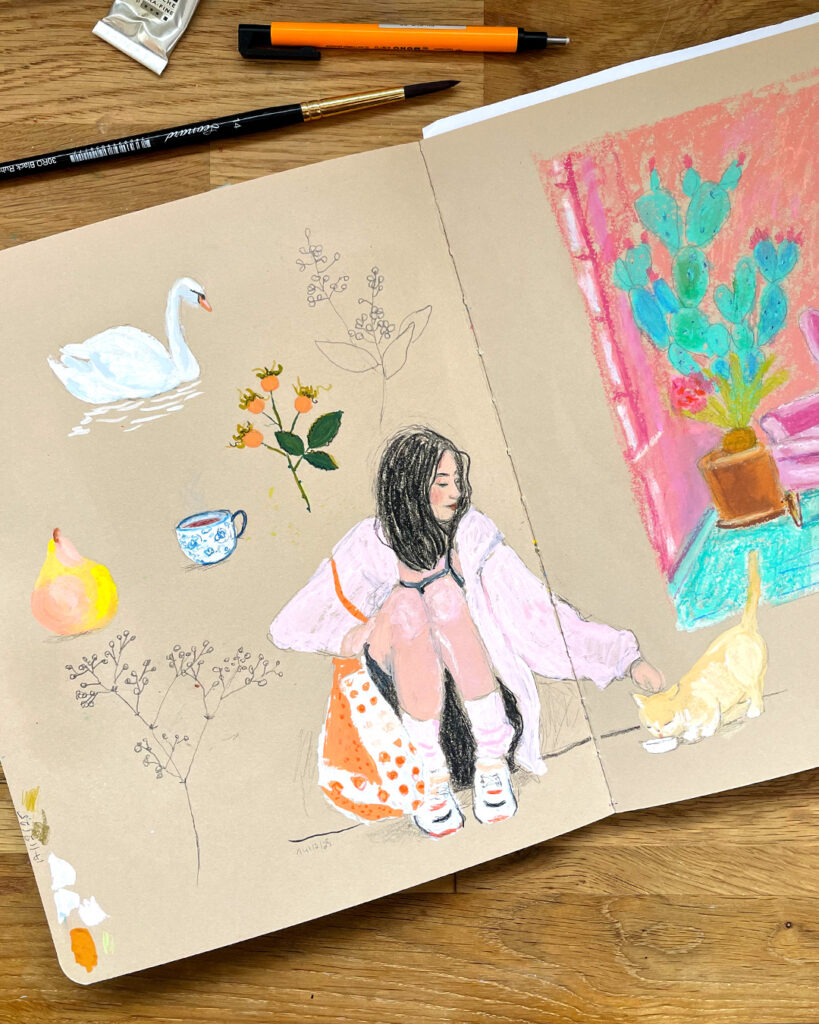 Pourquoi je travaille sur plusieurs carnets d’artiste (gouache & mix media) ? cygne carnet artiste