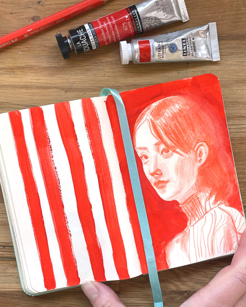 Pourquoi je travaille sur plusieurs carnets d’artiste (gouache & mix media) ? monochromerouge3 carnet artiste