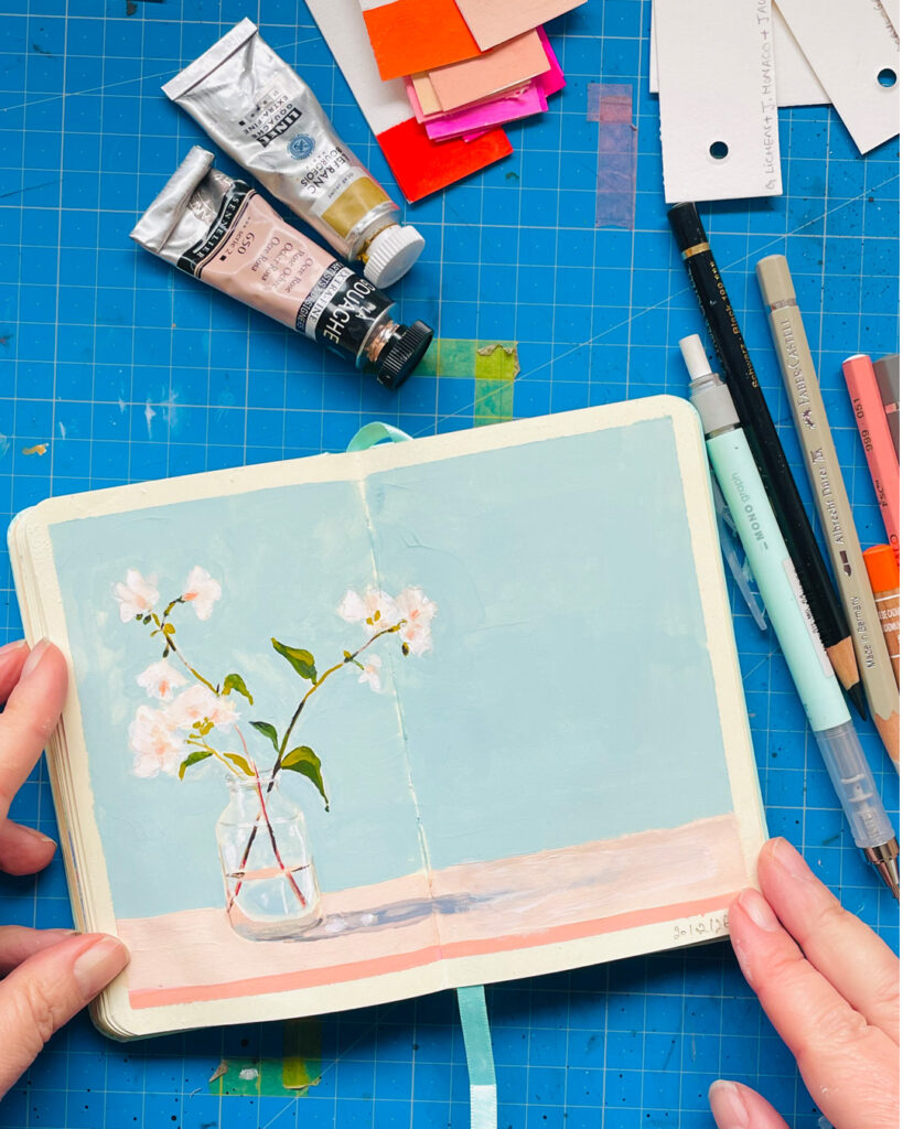 Pourquoi je travaille sur plusieurs carnets d’artiste (gouache & mix media) ? vasefleuri carnet artiste gouache
