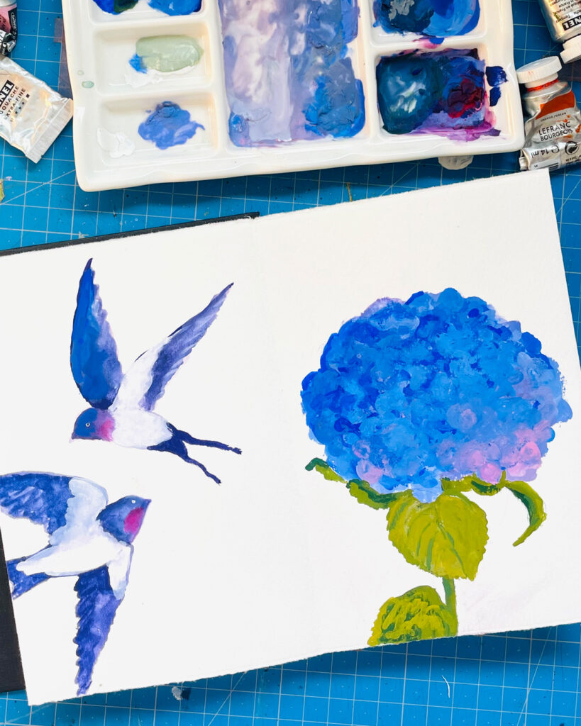 Jardin intérieur : un Leporello peint à la gouache hortensia hirondelle