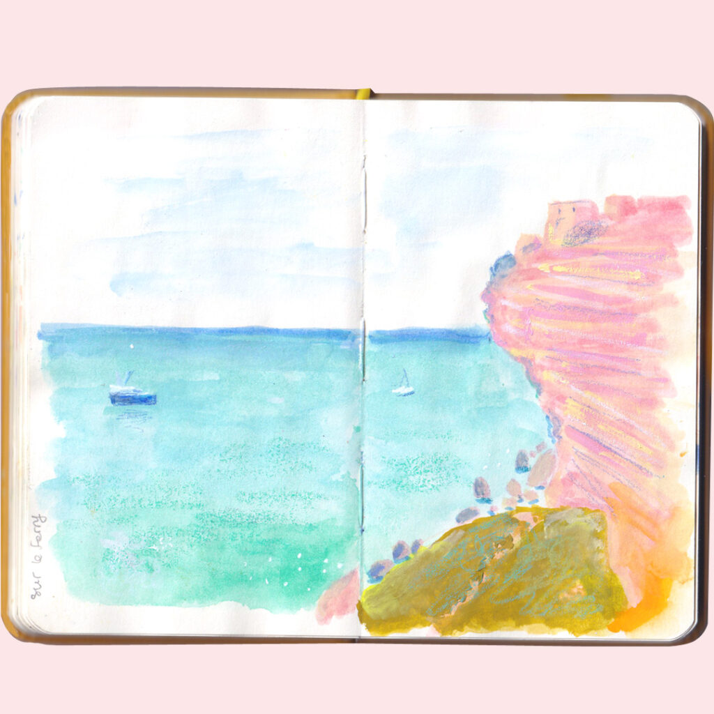 Ma palette Art Toolkit : mes couleurs de gouache pour dessiner la Corse. sur le ferry